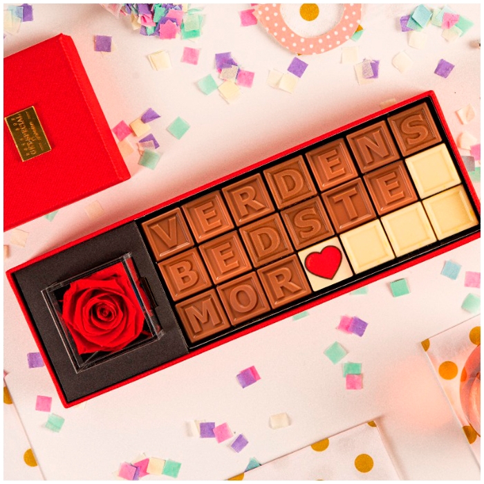 Verdens bedste mor Rosebox med chokolade til mor gaveideer